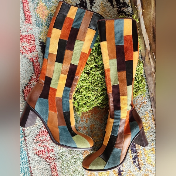 ANNA SUI RARE Patchwork  Leather Olive Brown Rust Teal Zip Heels Boots 40 - Picture 15 of 16